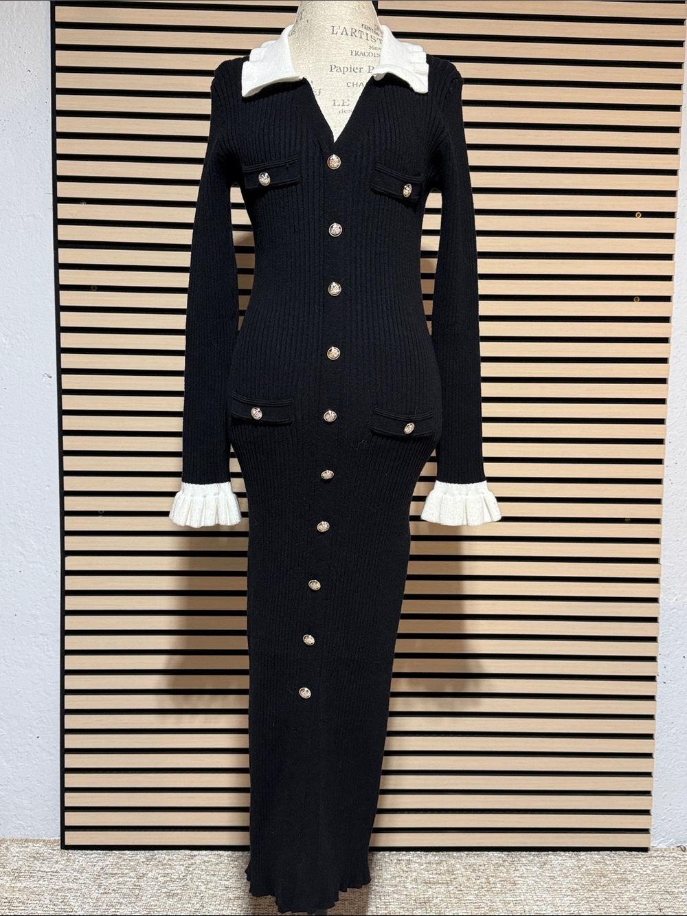 Fashion Nova Black Ribbed Button‑Front Knit Dress with White Collar & Cuffs